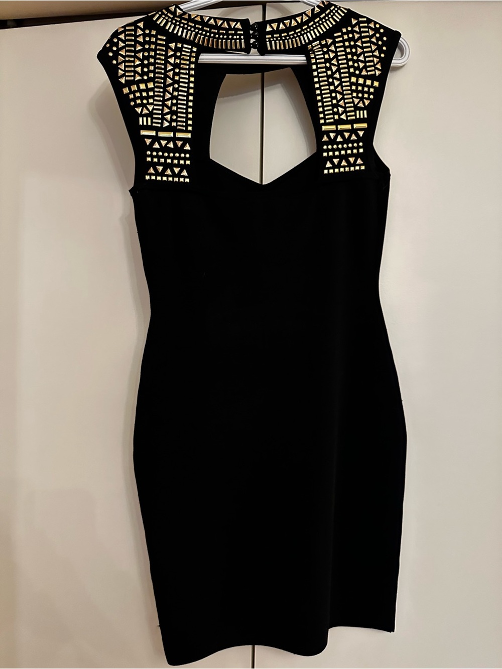 BEBE Black Bodycon Dress with Gold Geometric Accents (Size Large) worn once - Picture 2 of 3